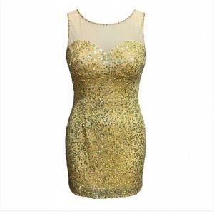 Holiday party ready Jovani NWT gold and green sequence mini dress size 14